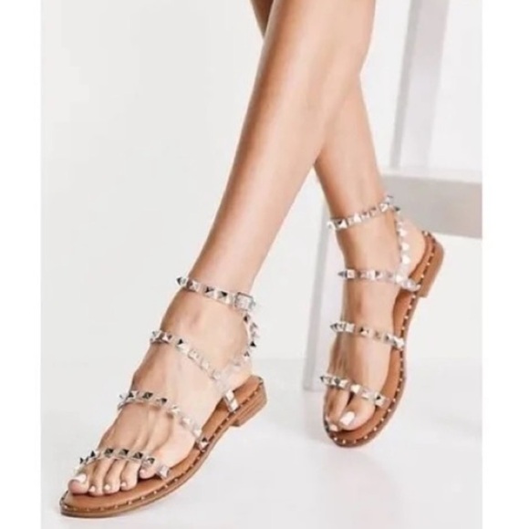 Studded Clear Strap Sandals! Boho Silver Embellished Studs. Bohemian. PVC - Picture 1 of 9